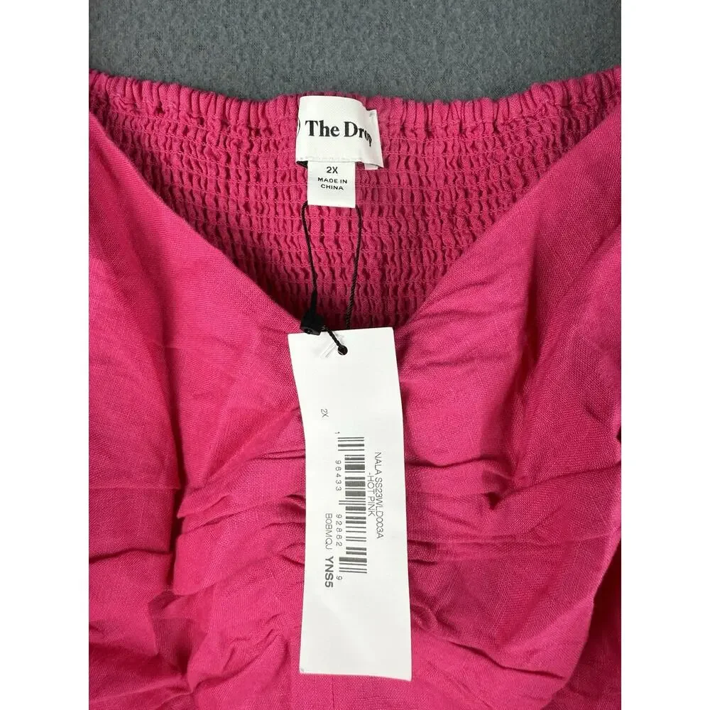 NWT The Drop Womens Nala Hot Pink 100% Linen Mini Dress Puff Sleeve Smocked 2x